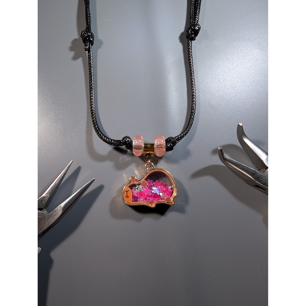 Handmade Capybara Shaker Necklace Pink Star Glitter Adjustable Cord Pendant